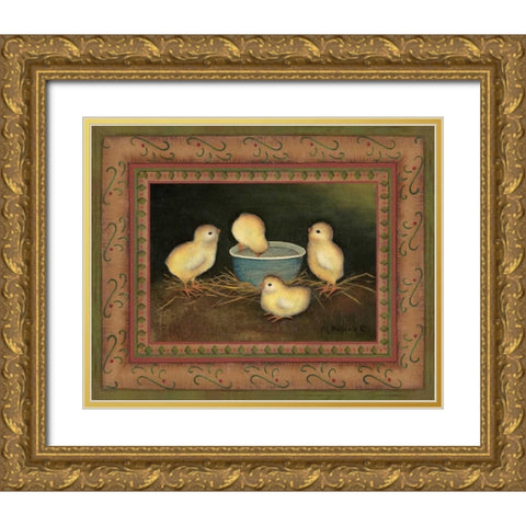 Chicks with Water Gold Ornate Wood Framed Art Print with Double Matting by Lewis, Kim