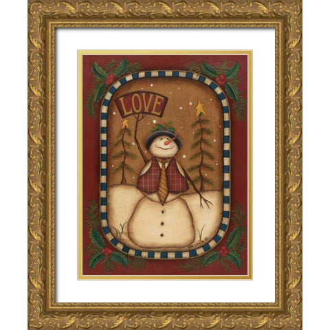 Love Snowman Gold Ornate Wood Framed Art Print with Double Matting by Lewis, Kim
