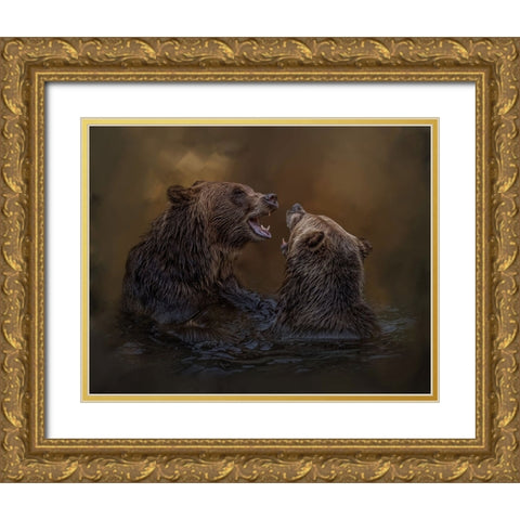 Grizzlies at Play Gold Ornate Wood Framed Art Print with Double Matting by Parker, Kelley