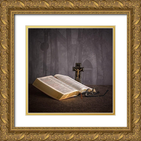 Bible Still Life Gold Ornate Wood Framed Art Print with Double Matting by McFerrin, Larry