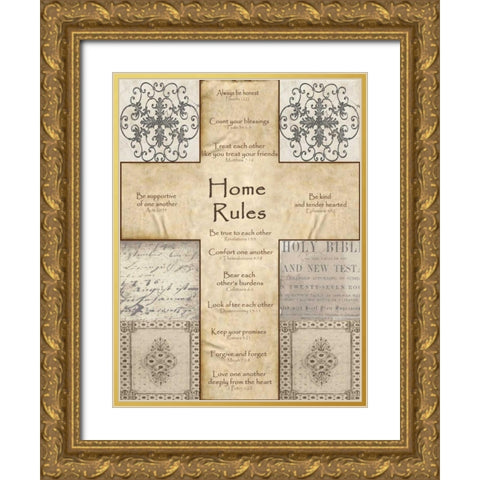 Home Rules Cross Gold Ornate Wood Framed Art Print with Double Matting by Wolk, Lisa
