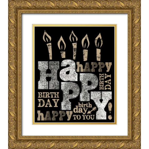 Happy Birthday Gold Ornate Wood Framed Art Print with Double Matting by Longfellow Designs
