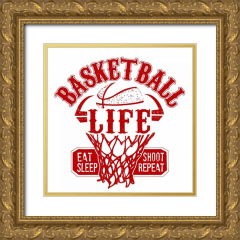 Basketball Life Red Gold Ornate Wood Framed Art Print with Double Matting by Longfellow Designs