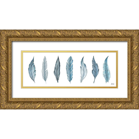 Teal Feathers Gold Ornate Wood Framed Art Print with Double Matting by Fay, Mela