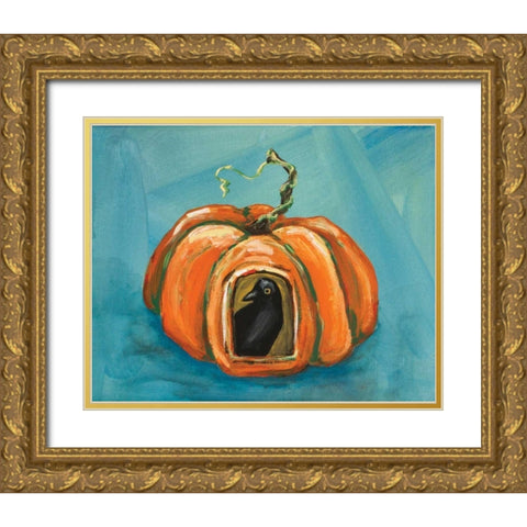 Pumpkin and Crow Gold Ornate Wood Framed Art Print with Double Matting by Strong, Molly Susan