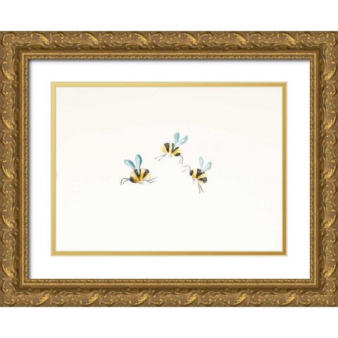 3 Bees on White Gold Ornate Wood Framed Art Print with Double Matting by Strong, Molly Susan