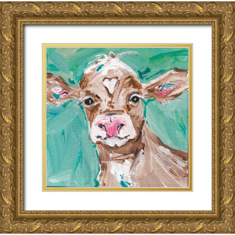Heart Head Cow Gold Ornate Wood Framed Art Print with Double Matting by Strong, Molly Susan