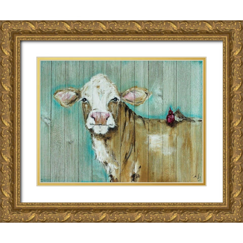 Cow and Bird Pals Gold Ornate Wood Framed Art Print with Double Matting by Strong, Molly Susan