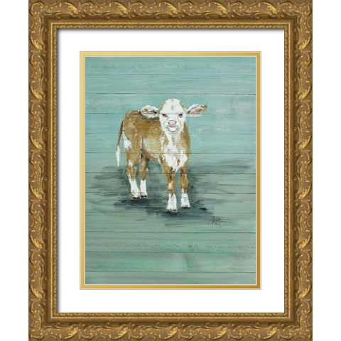 Baby Cow Gold Ornate Wood Framed Art Print with Double Matting by Strong, Molly Susan