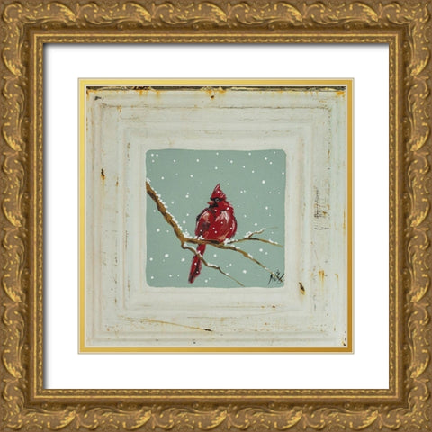 Cardinal in Snow Gold Ornate Wood Framed Art Print with Double Matting by Strong, Molly Susan