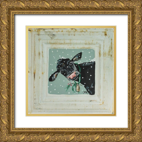 Cow in Snow Gold Ornate Wood Framed Art Print with Double Matting by Strong, Molly Susan