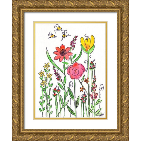 Coral Flowers Gold Ornate Wood Framed Art Print with Double Matting by Strong, Molly Susan