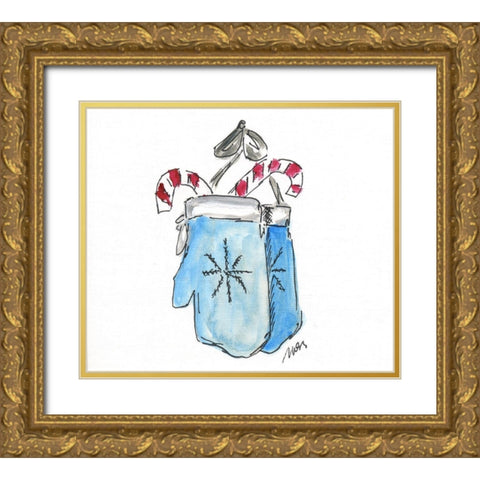 Blue Mittens Gold Ornate Wood Framed Art Print with Double Matting by Strong, Molly Susan