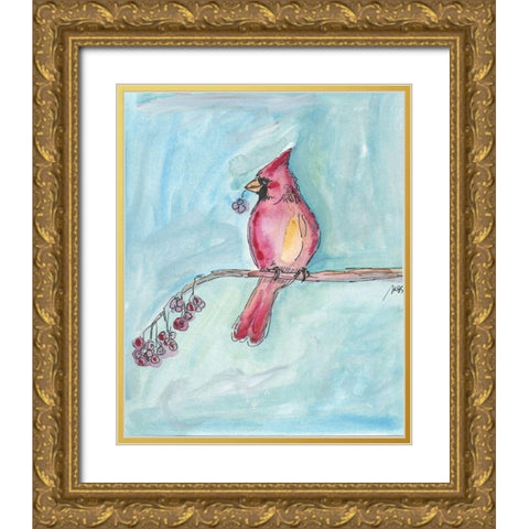 Cardinal on a Branch Gold Ornate Wood Framed Art Print with Double Matting by Strong, Molly Susan