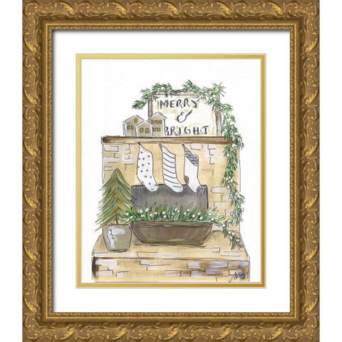 Merry and Bright Fireplace Gold Ornate Wood Framed Art Print with Double Matting by Strong, Molly Susan
