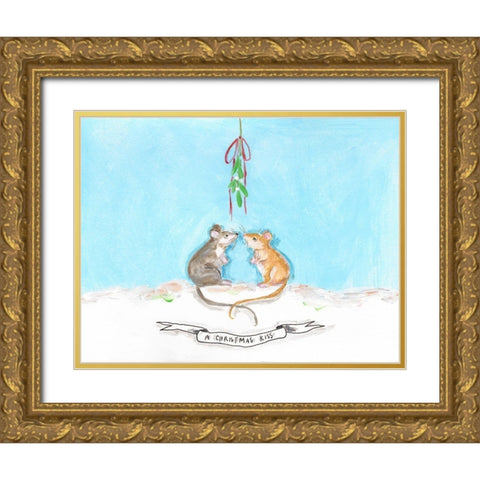 Christmouse Kiss Gold Ornate Wood Framed Art Print with Double Matting by Strong, Molly Susan
