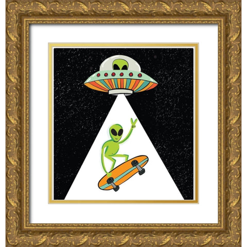 UFO Alien Gold Ornate Wood Framed Art Print with Double Matting by Rupp, Mariah