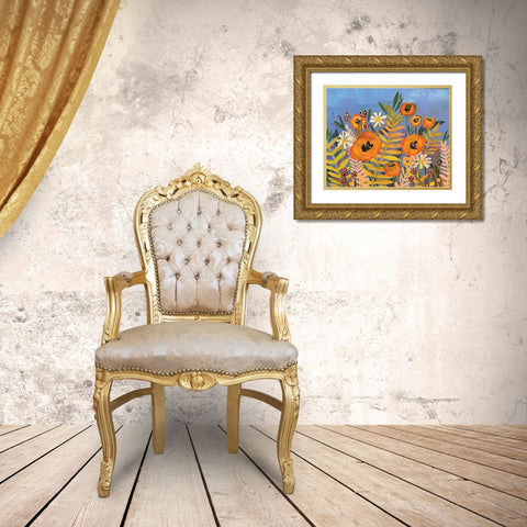 Floral on Blue Gold Ornate Wood Framed Art Print with Double Matting by Rupp, Mariah