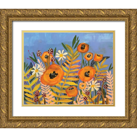 Floral on Blue Gold Ornate Wood Framed Art Print with Double Matting by Rupp, Mariah