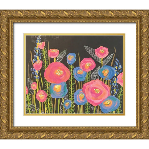 Pink and Blue Flowers Gold Ornate Wood Framed Art Print with Double Matting by Rupp, Mariah