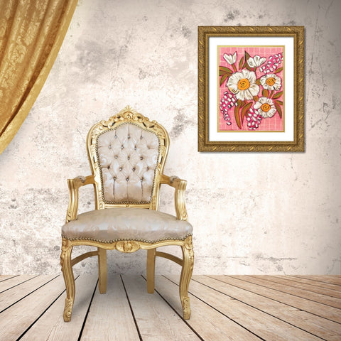 Flowers on Grid Gold Ornate Wood Framed Art Print with Double Matting by Rupp, Mariah