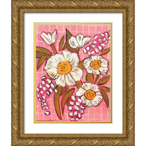 Flowers on Grid Gold Ornate Wood Framed Art Print with Double Matting by Rupp, Mariah
