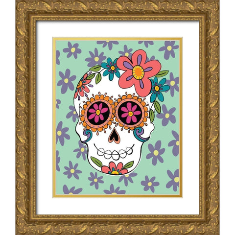 Sugar Skulls in Green Gold Ornate Wood Framed Art Print with Double Matting by Rupp, Mariah