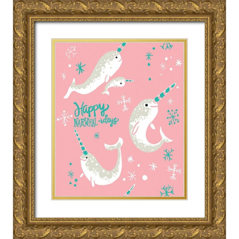 Narwhal-idays Gold Ornate Wood Framed Art Print with Double Matting by Rupp, Mariah