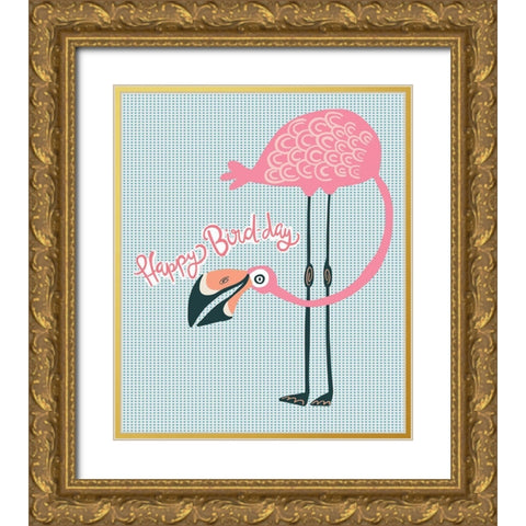 Birthday Flamingo Gold Ornate Wood Framed Art Print with Double Matting by Rupp, Mariah