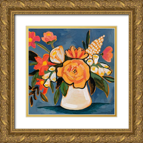 Floral on Blue II Gold Ornate Wood Framed Art Print with Double Matting by Rupp, Mariah