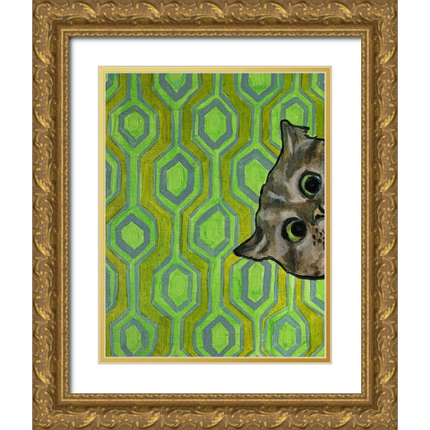 Peeking on Green Gold Ornate Wood Framed Art Print with Double Matting by Rupp, Mariah