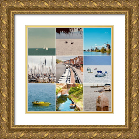 Nautical 9 Patch Gold Ornate Wood Framed Art Print with Double Matting by Singleton, Ashley