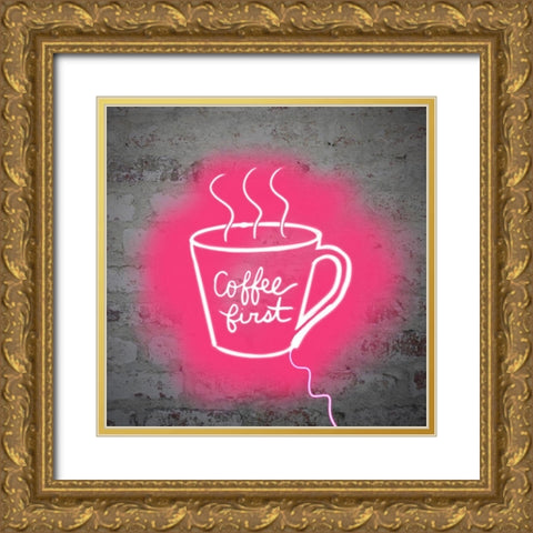 Coffee First Gold Ornate Wood Framed Art Print with Double Matting by Singleton, Ashley
