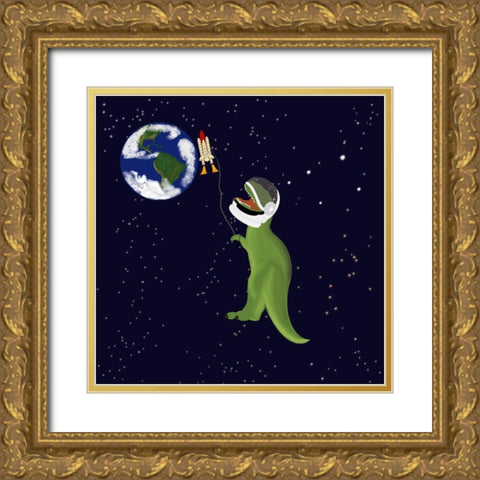 Space Dinosaur Gold Ornate Wood Framed Art Print with Double Matting by Singleton, Ashley