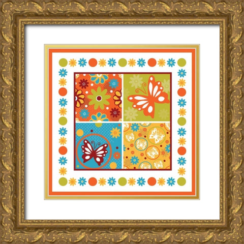 Butterflies and Blooms Playful X Gold Ornate Wood Framed Art Print with Double Matting by ND Art and Design