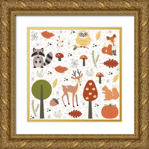 Fall Tree and Animal Pattern Gold Ornate Wood Framed Art Print with Double Matting by ND Art and Design