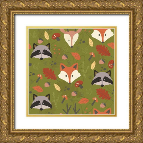 Fall Animal Pattern Gold Ornate Wood Framed Art Print with Double Matting by ND Art and Design