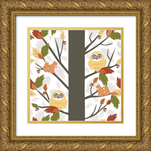 Fall Owls in a Tree Gold Ornate Wood Framed Art Print with Double Matting by ND Art and Design