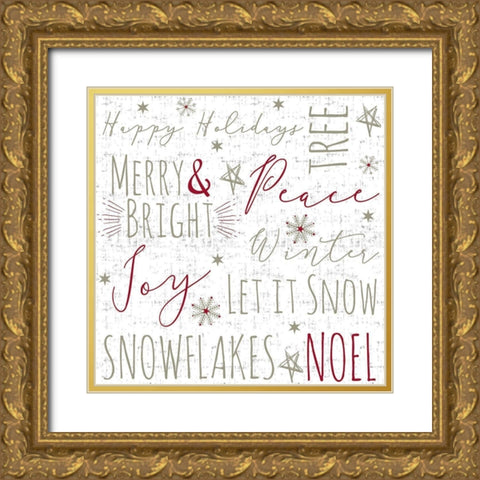 Merry and Bright Typography Gold Ornate Wood Framed Art Print with Double Matting by ND Art and Design