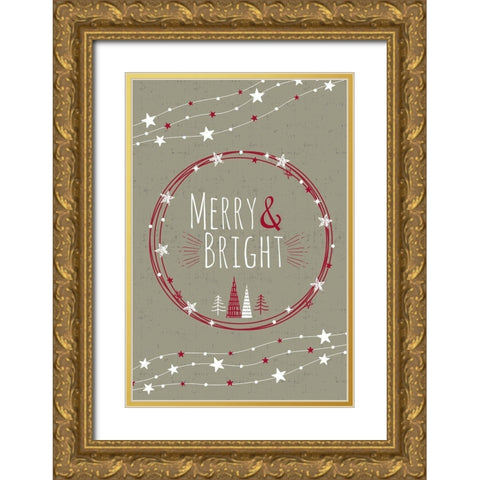 Merry and Bright Gold Ornate Wood Framed Art Print with Double Matting by ND Art and Design