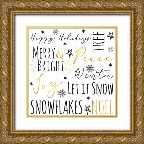 Merry and Bright Typography Gold Ornate Wood Framed Art Print with Double Matting by ND Art and Design