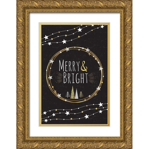 Merry and Bright Gold Ornate Wood Framed Art Print with Double Matting by ND Art and Design