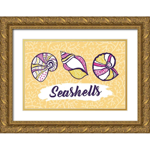 Seashells Gold Ornate Wood Framed Art Print with Double Matting by ND Art and Design