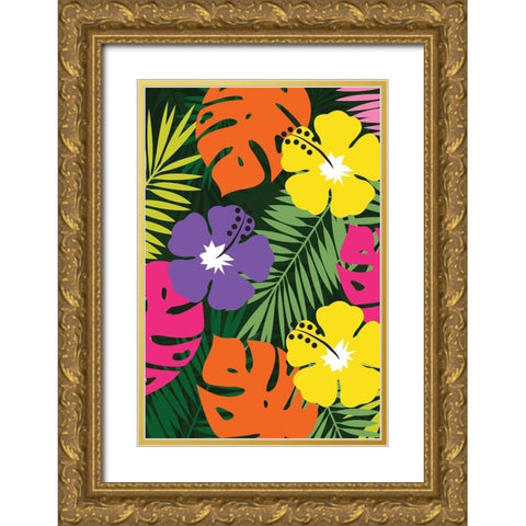 Tropical Floral Gold Ornate Wood Framed Art Print with Double Matting by ND Art and Design