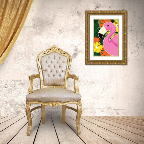 Tropical Flamingo Gold Ornate Wood Framed Art Print with Double Matting by ND Art and Design