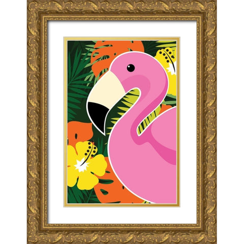 Tropical Flamingo Gold Ornate Wood Framed Art Print with Double Matting by ND Art and Design