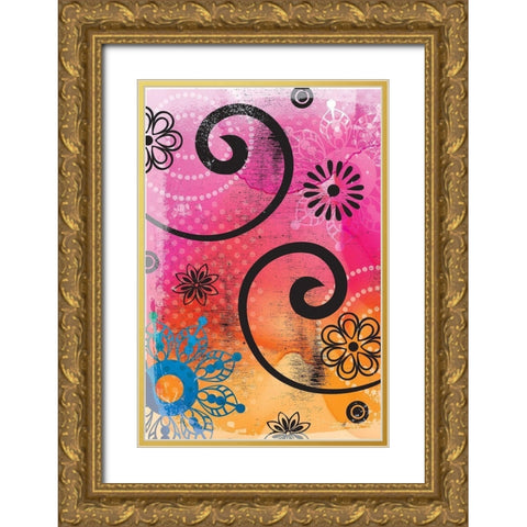 Warm Colors Florals Gold Ornate Wood Framed Art Print with Double Matting by ND Art and Design