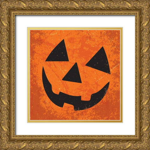 Pumpkin Face Gold Ornate Wood Framed Art Print with Double Matting by ND Art and Design