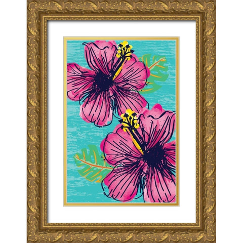Tropical Floral Gold Ornate Wood Framed Art Print with Double Matting by ND Art and Design