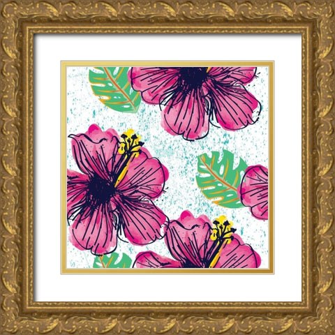 Tropical Floral Pattern Gold Ornate Wood Framed Art Print with Double Matting by ND Art and Design